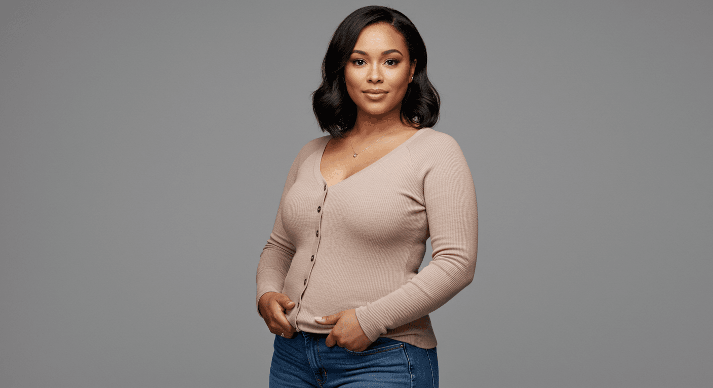 A woman with dark hair wearing a light pink sweater and blue jeans, posing against a gray background.