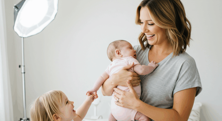 A mother holding a baby while a young toddler reaches out to touch the baby.