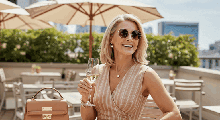 A woman with blonde hair wearing sunglasses and a striped dress is sitting at an outdoor table, holding a glass of white wine. She is smiling and there is a beige handbag on the table next to her. The setting appears to be a rooftop patio with umbrellas and greenery in the background.