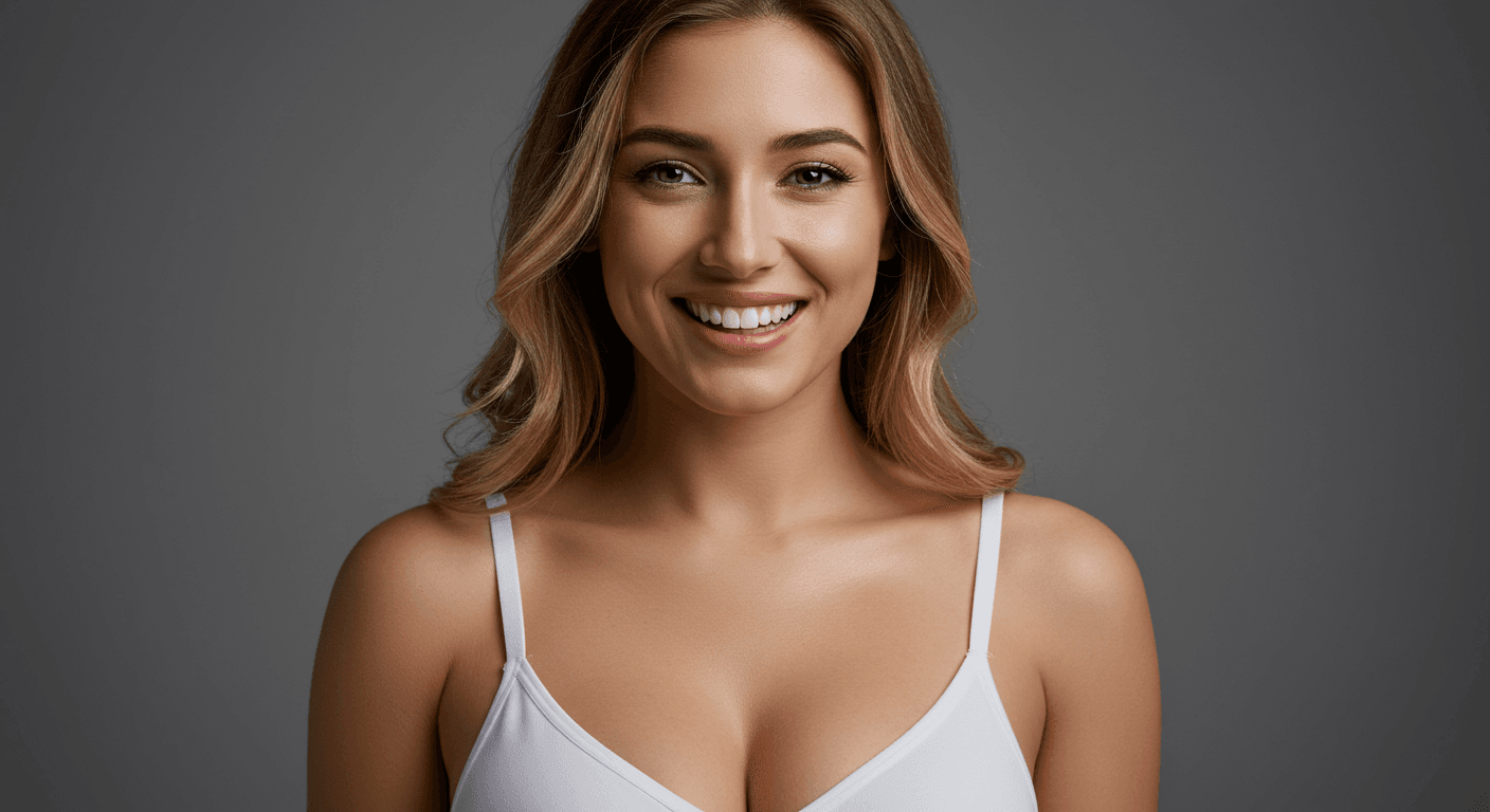 A smiling woman with shoulder-length wavy hair wearing a white top, standing against a gray background.