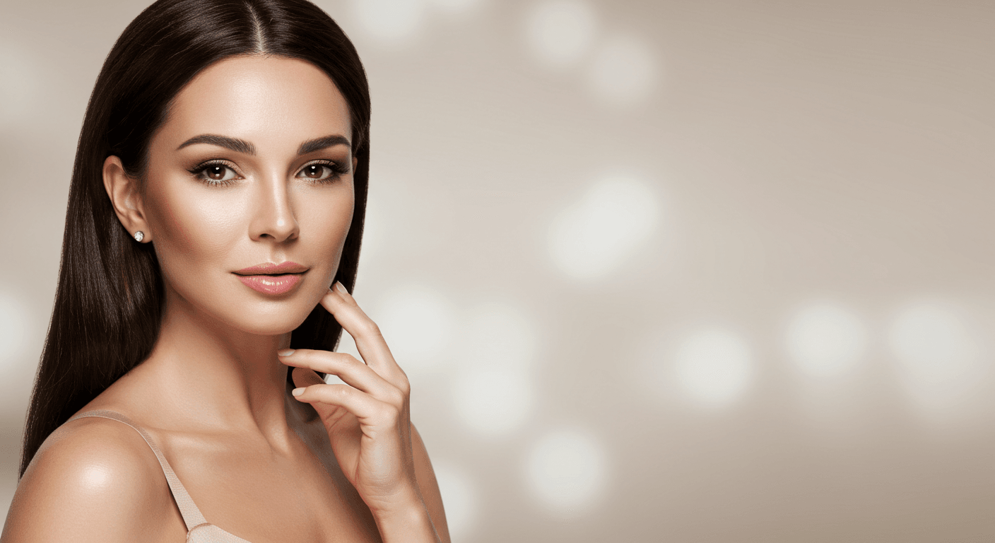 A woman with long, straight dark hair poses confidently with her hand gently touching her face. She has a soft, neutral background with blurred light spots, highlighting her facial features and elegant appearance.
