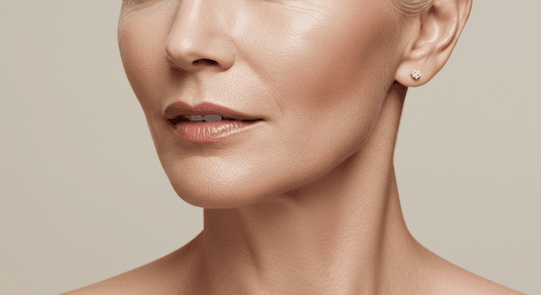 A close-up image of a woman's face and neck, showcasing her smooth skin and delicate features. She is wearing a small earring in her left ear.