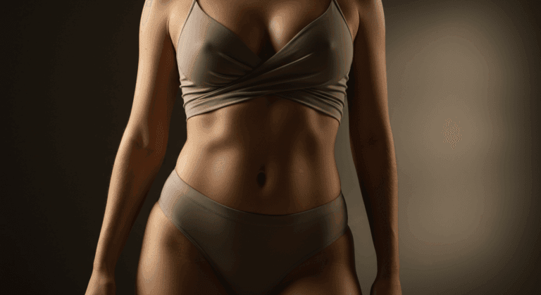 A woman with a toned physique wearing a gray bikini, standing against a dark background.