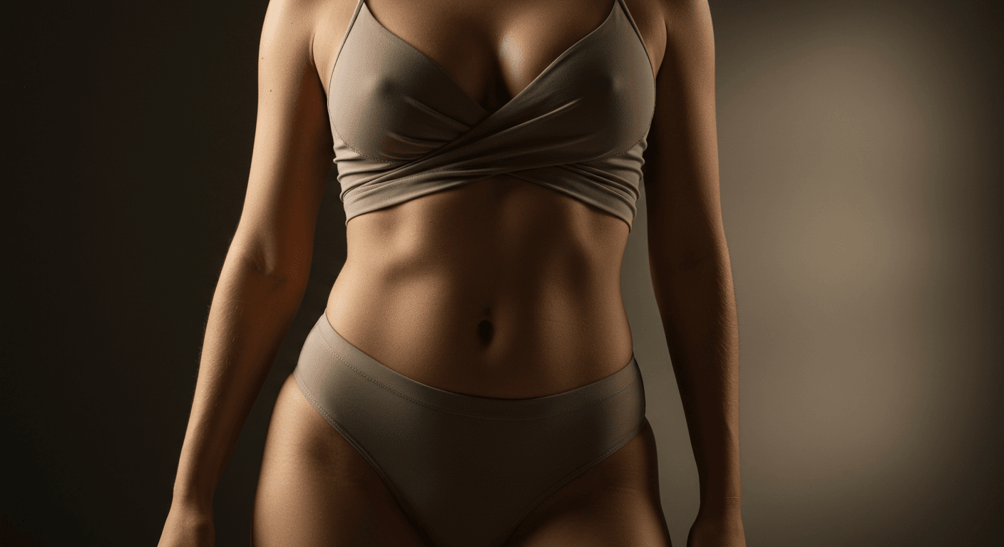 A woman with a toned physique wearing a gray bikini, standing against a dark background.
