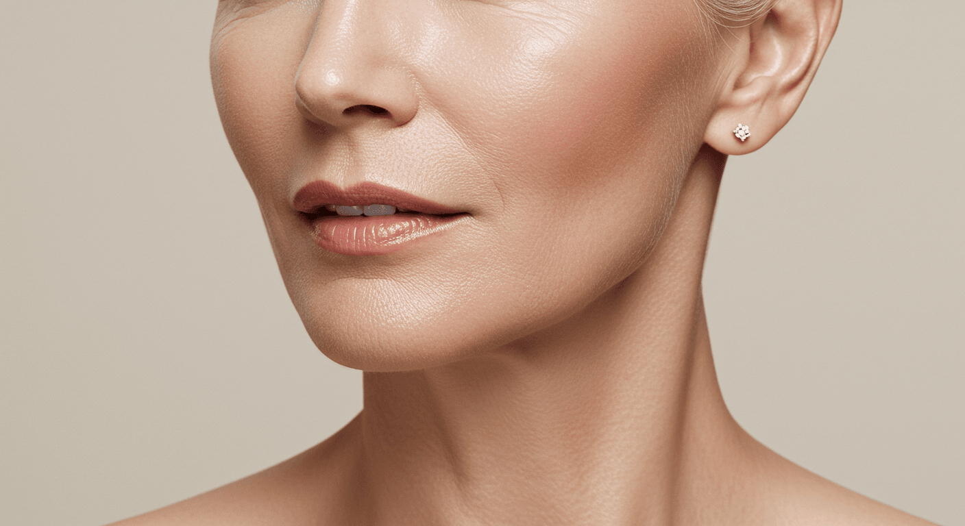 A close-up image of a woman's face and neck, showcasing her smooth skin and delicate features. She is wearing a small earring in her left ear.