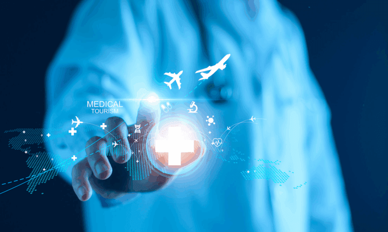 A hand interacting with a holographic interface displaying the concept of medical tourism, with icons of airplanes, medical symbols, and a globe.