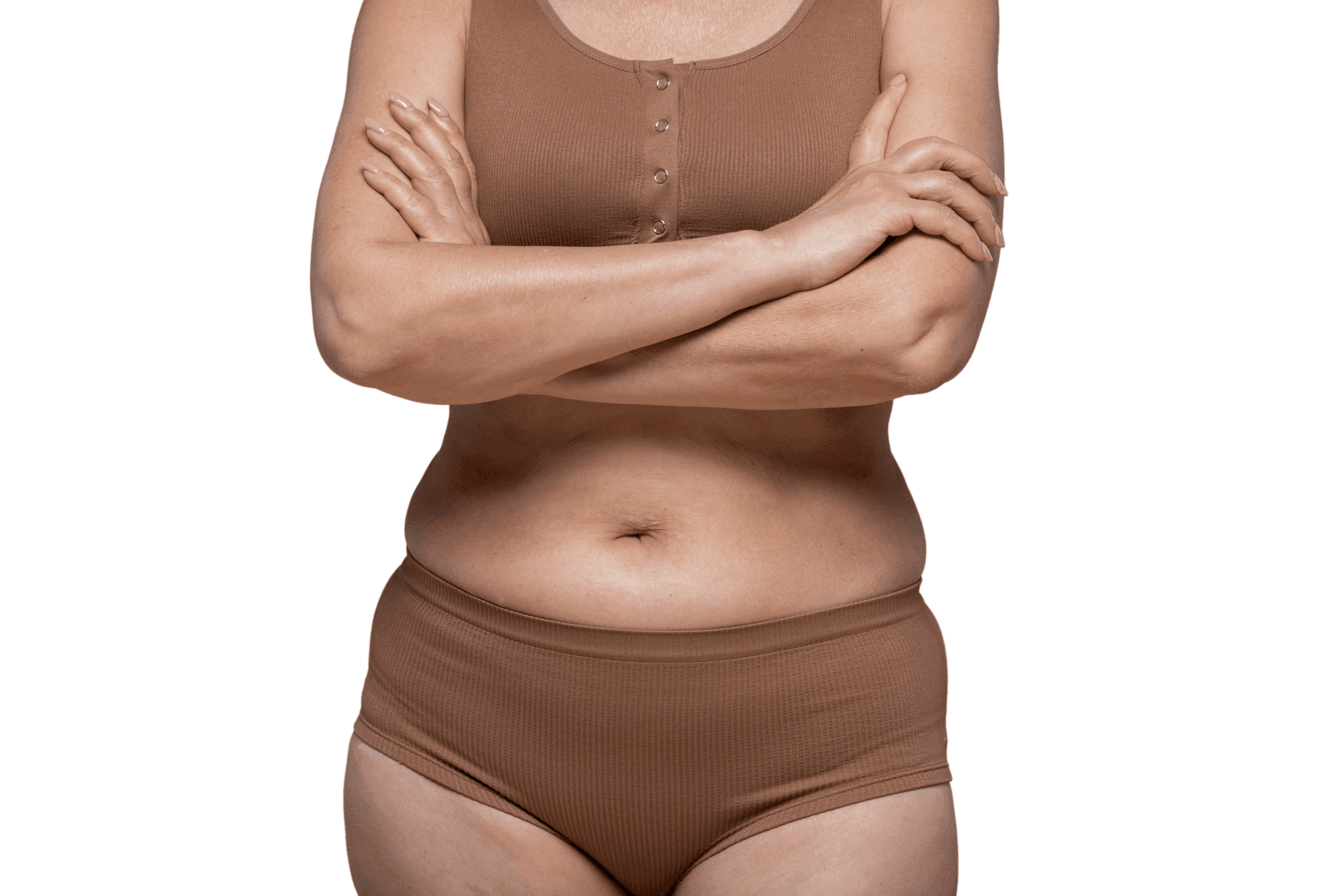 A woman with her arms crossed, showing her stomach and lower body, wearing brown underwear and a matching top.