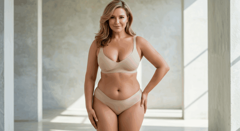 A smiling woman with blonde hair posing confidently in a minimalistic, well-lit room with neutral tones, wearing a beige bralette and matching underwear, hands on hips.