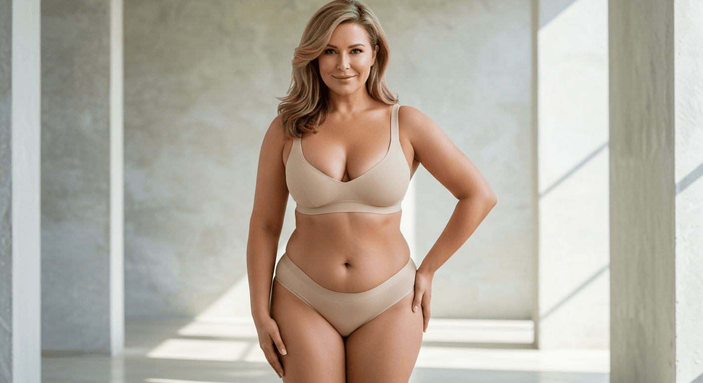 A smiling woman with blonde hair posing confidently in a minimalistic, well-lit room with neutral tones, wearing a beige bralette and matching underwear, hands on hips.