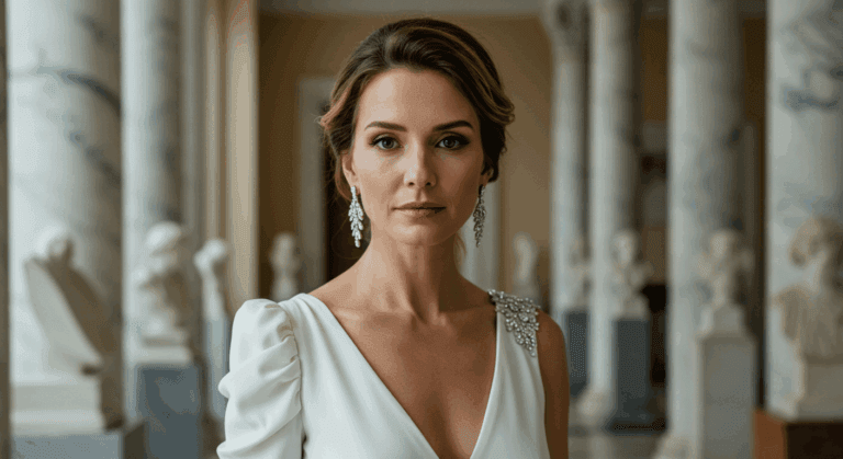 A woman with light brown hair styled in an elegant updo, wearing a white dress with a deep V-neck and puffed sleeves, adorned with a gemstone shoulder piece. She is standing in a room with classical statues and marble columns in the background.