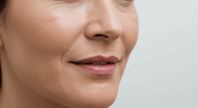 A close-up photograph of a person's face, focusing on the lips and nose, with a neutral background.