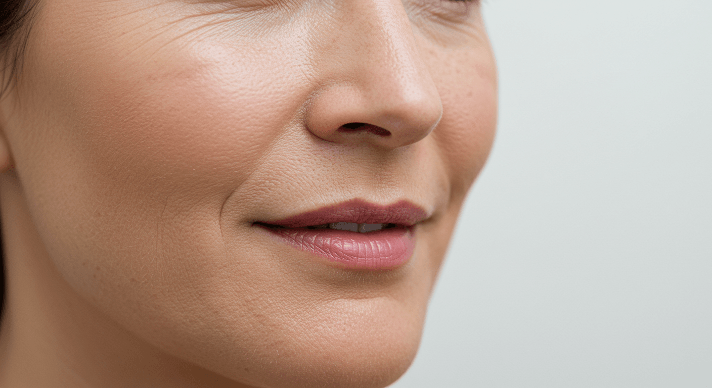 A close-up photograph of a person's face, focusing on the lips and nose, with a neutral background.