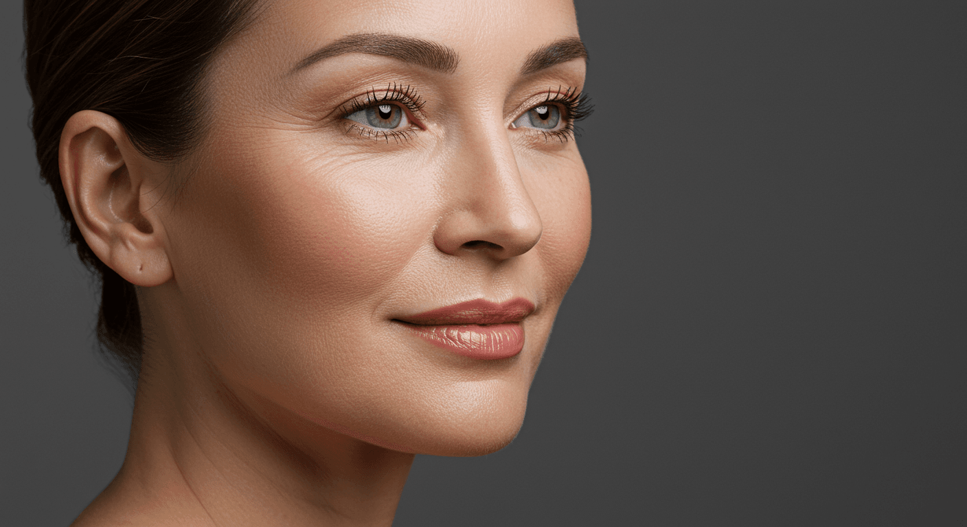 Portrait of a mature woman with smooth skin, looking slightly to the side, with a neutral expression, against a dark background.