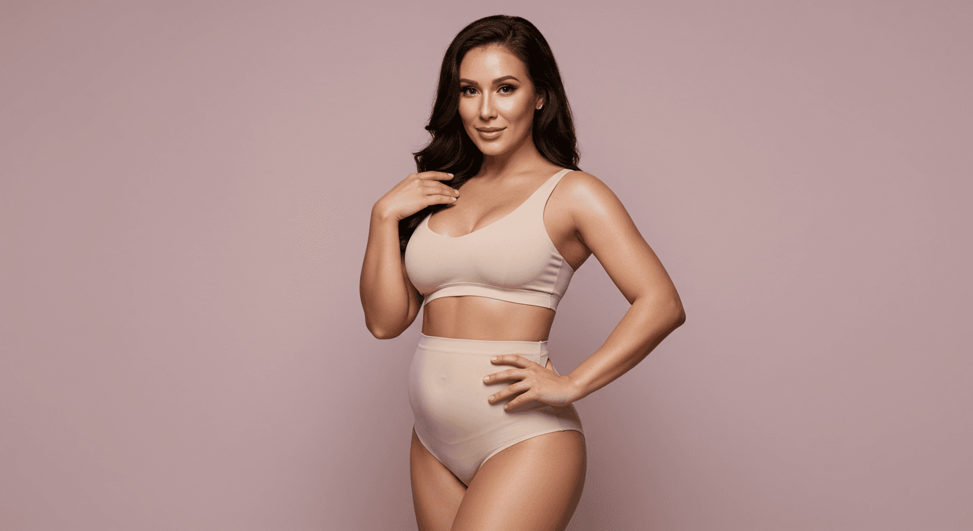 A woman posing confidently with her hand on her hip, wearing a white two-piece outfit against a pink background.