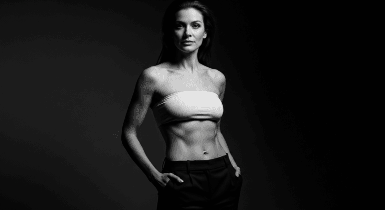 A fit woman posing confidently with her hand on her hip, wearing a strapless top and dark pants against a dark background.