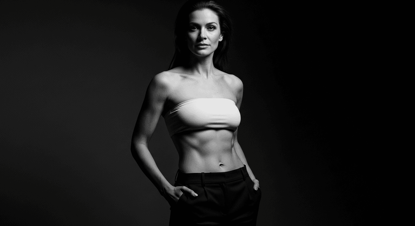 A fit woman posing confidently with her hand on her hip, wearing a strapless top and dark pants against a dark background.