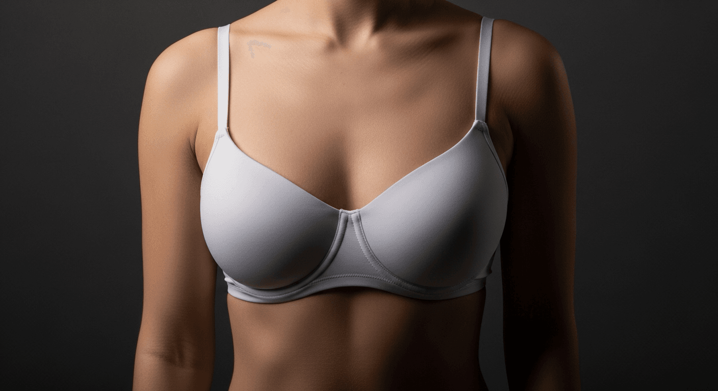 A woman wearing a white bra on a dark background.