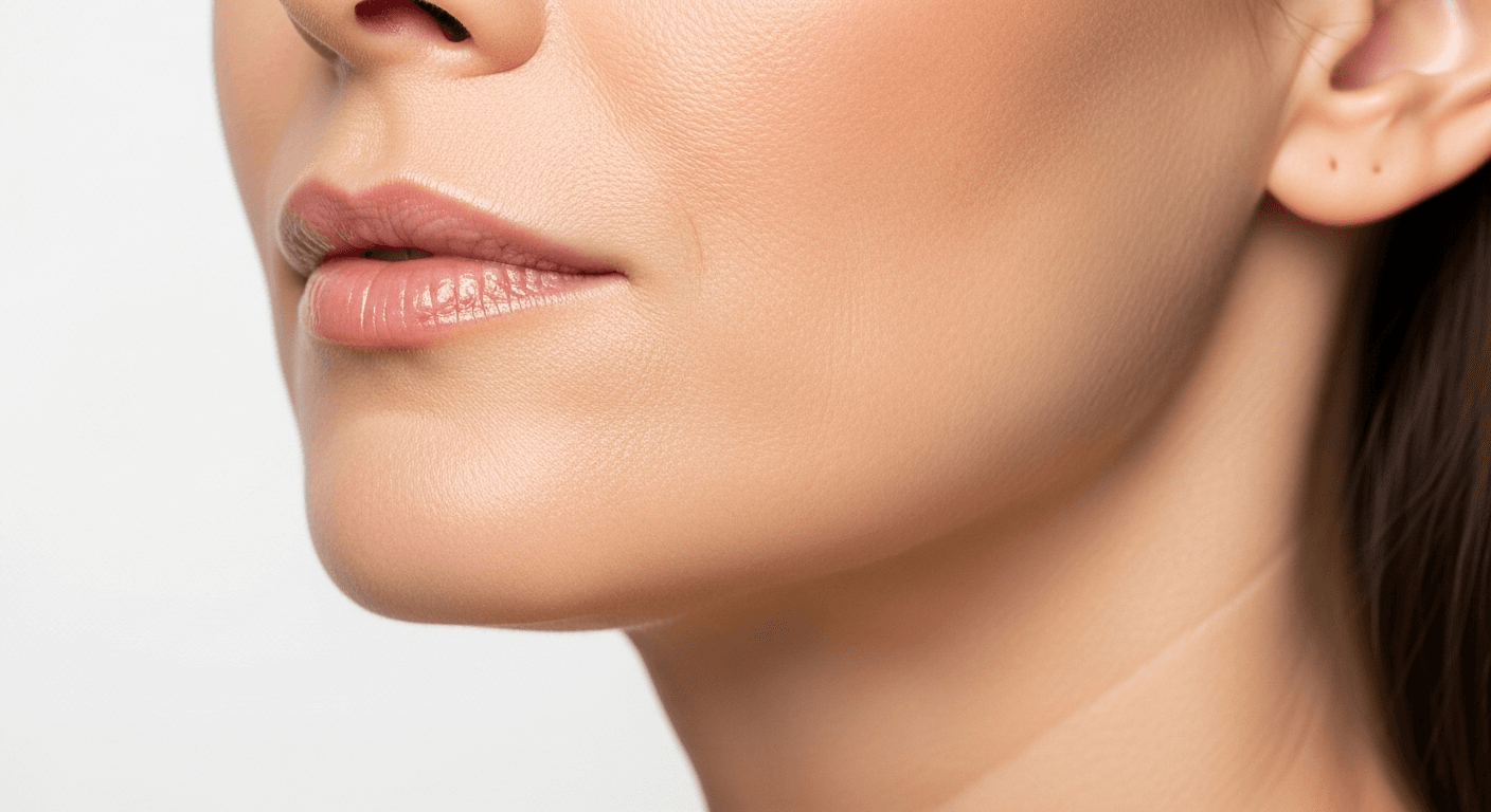 A close-up side profile of a person's face, focusing on the lips and jawline, with smooth skin and a neutral expression.