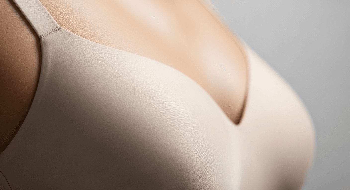 A close-up image of a person's shoulder and upper chest area, wearing a beige top. The focus is on the smooth fabric and the curve of the shoulder.