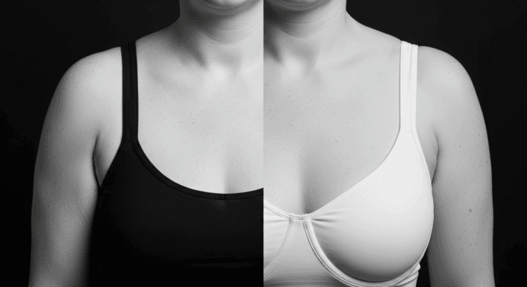 A black and white comparison image showing two different types of sports bras on a model.