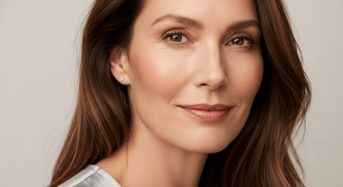 A close-up portrait of a woman with long brown hair and a slight smile, looking to the side.