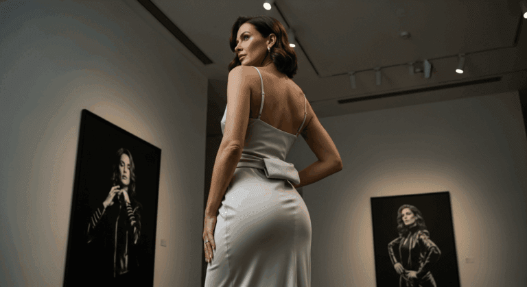 A woman in a gray dress stands with her back to the camera, looking at a wall displaying two black-and-white portraits of women.