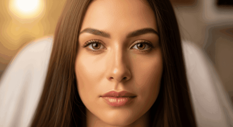A close-up portrait of a young woman with long brown hair, looking directly at the camera with a soft, natural expression.