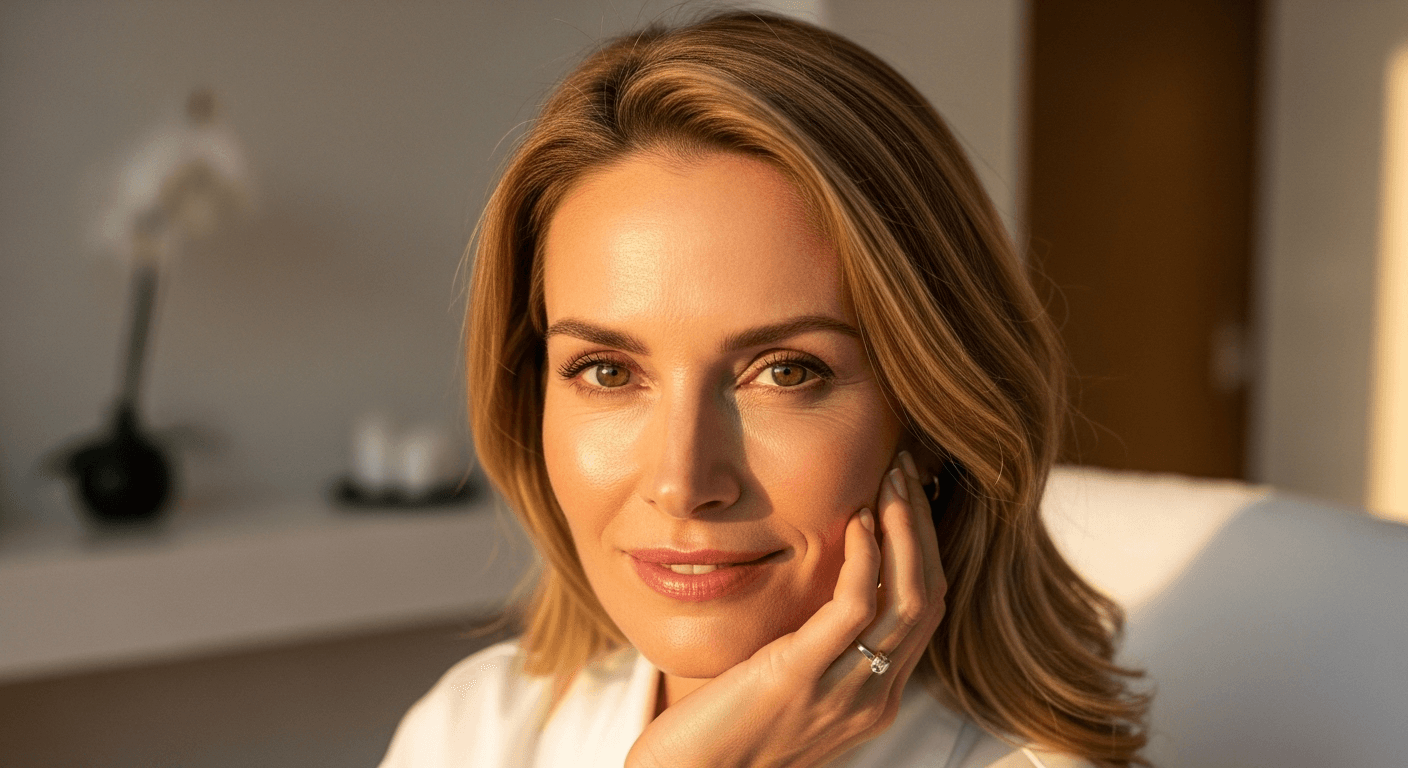 A woman with blonde hair is shown in a close-up portrait. She is wearing a white top and has her hand resting on her chin. The background is blurred, and there is a lamp visible behind her.