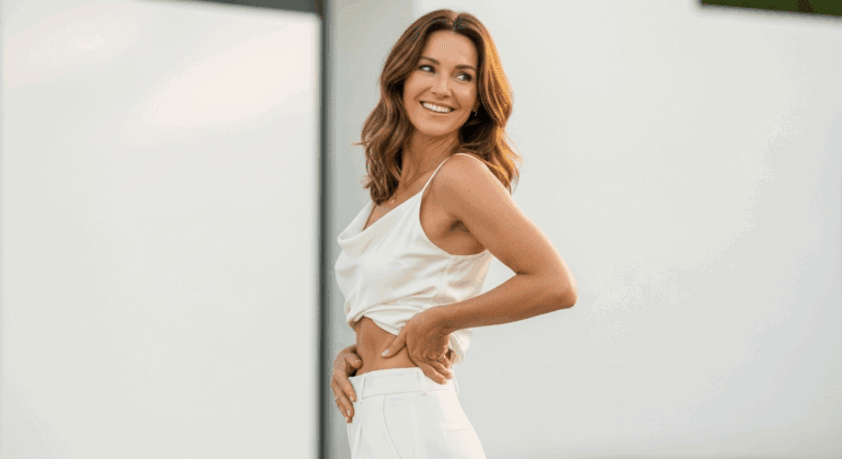 A smiling woman with long brown hair wearing a white tank top and white pants, posing with her hands on her hips.