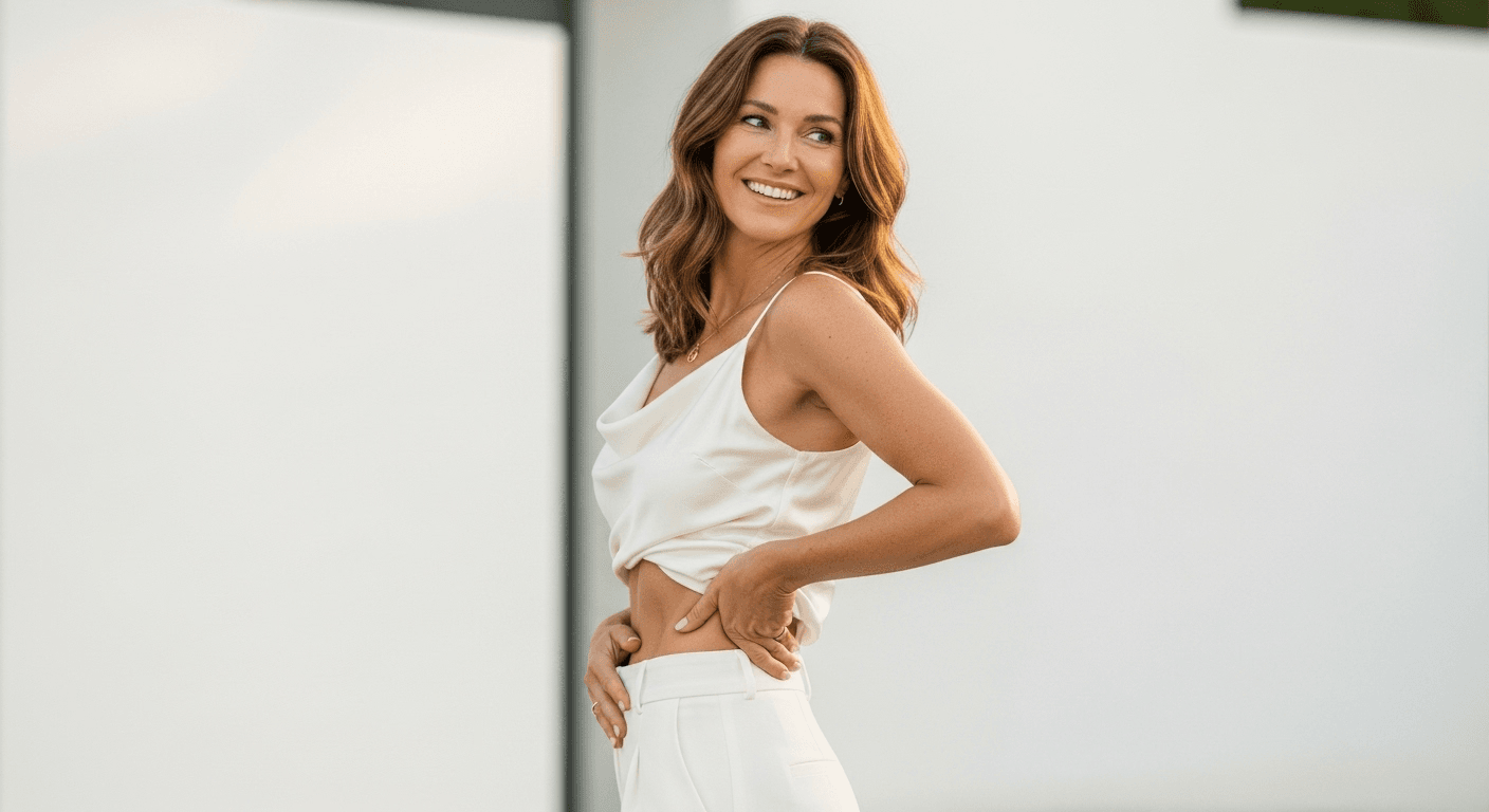 A smiling woman with long brown hair wearing a white tank top and white pants, posing with her hands on her hips.