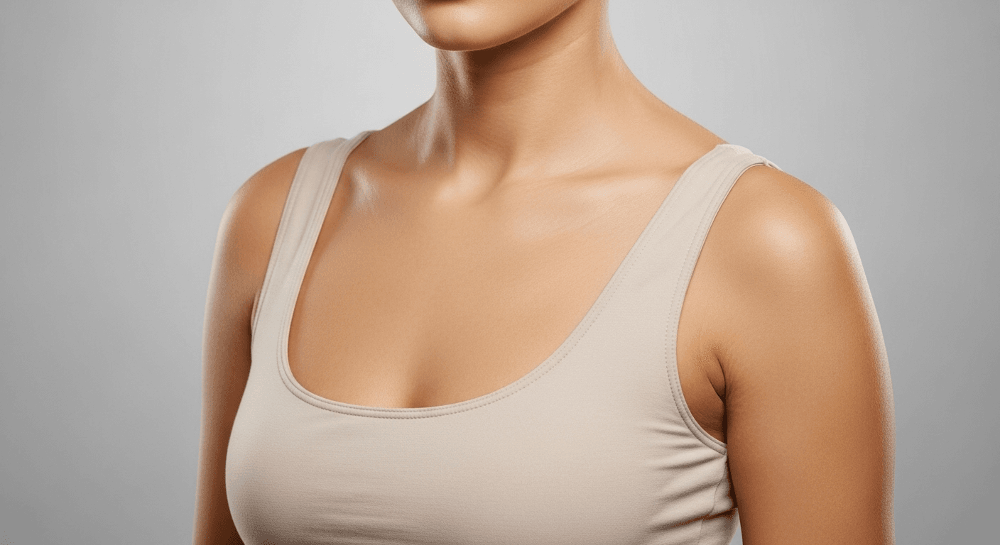 A woman wearing a beige tank top with thin straps, standing against a plain gray background.