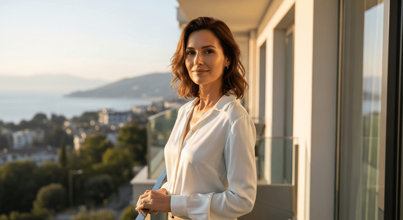 A woman with shoulder-length brown hair stands on a balcony overlooking a scenic view of a coastal town with mountains in the background. She is wearing a white blouse and smiling softly.