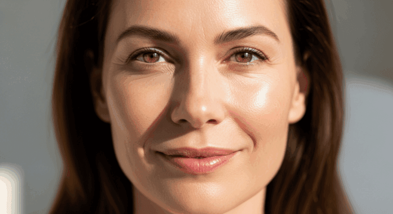 A close-up portrait of a woman with a warm smile, looking directly at the camera. She has clear skin, brown hair, and is illuminated by soft, natural light.