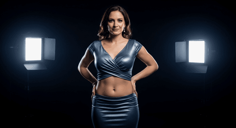 A woman posing confidently with her hands on her hips, wearing a shiny blue two-piece outfit consisting of a crop top and a high-waisted skirt, standing between two bright lights.
