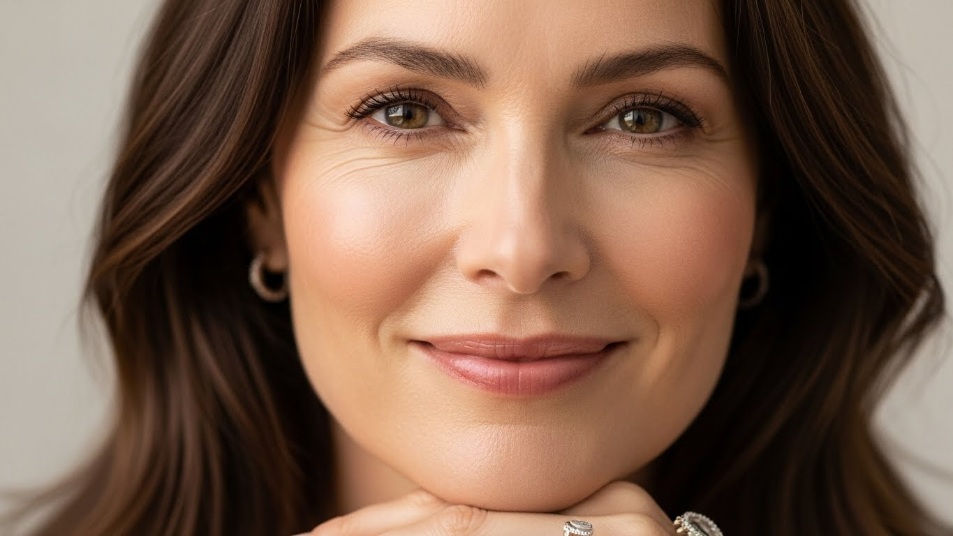 A close-up portrait of a woman with brown hair and earrings, posing with her hand under her chin, wearing a ring on her finger.