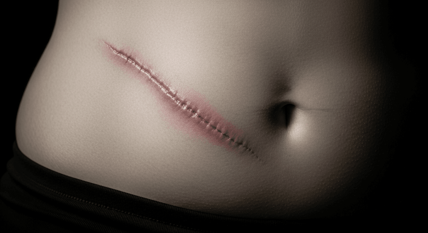 A close-up image of a person's stomach with a visible surgical scar running diagonally. The scar appears to be healing, with stitch marks clearly visible along its length.