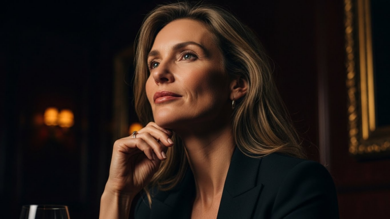 A professional woman in a dark suit jacket, posing confidently with her hand resting on her chin, set against a dark, elegant background with a blurred image of a wine glass and a framed picture in the background.