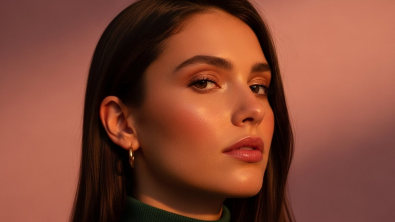 A woman with long dark hair is shown in profile, wearing a green turtleneck sweater against a pink background.