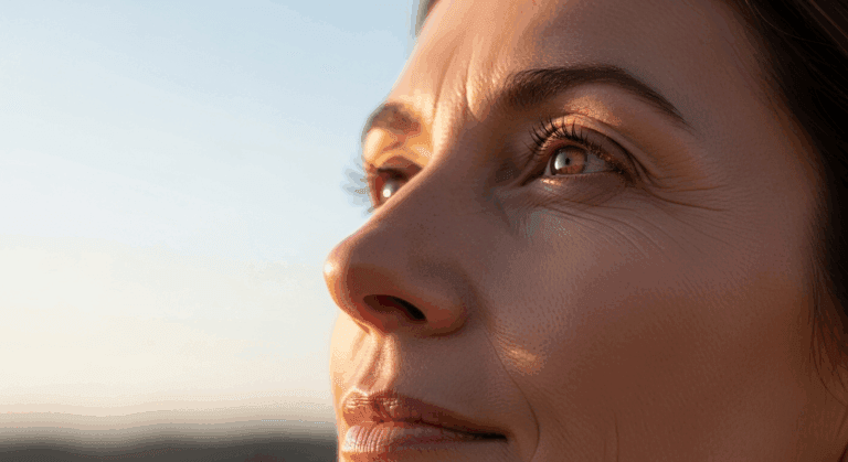 A woman looking into the distance with a thoughtful expression, possibly contemplating or observing something far away.