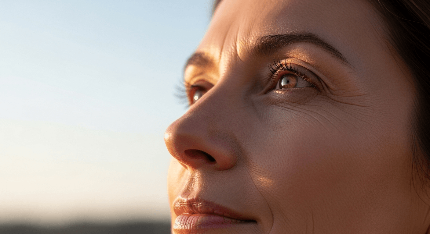 A woman looking into the distance with a thoughtful expression, possibly contemplating or observing something far away.