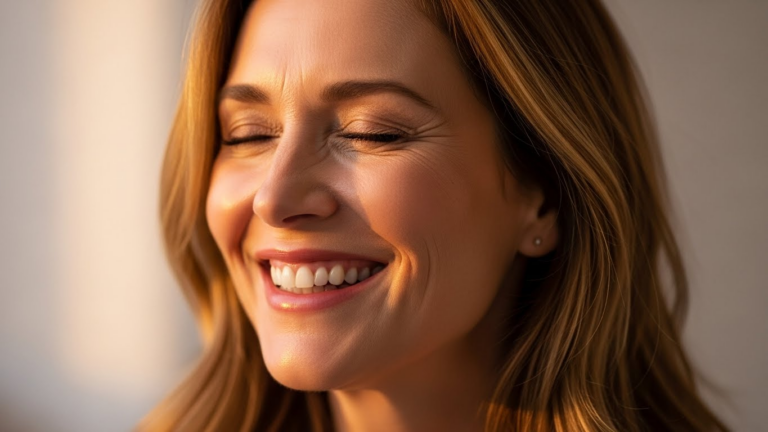A smiling woman with her eyes closed, enjoying a moment of happiness and contentment.
