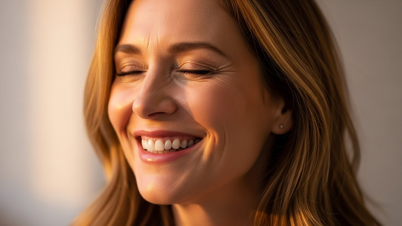 A smiling woman with her eyes closed, enjoying a moment of happiness and contentment.