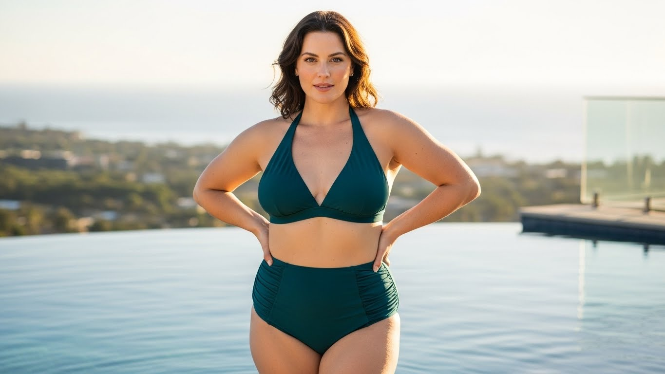 A woman posing confidently in a green two-piece swimsuit by the poolside with a scenic view in the background.