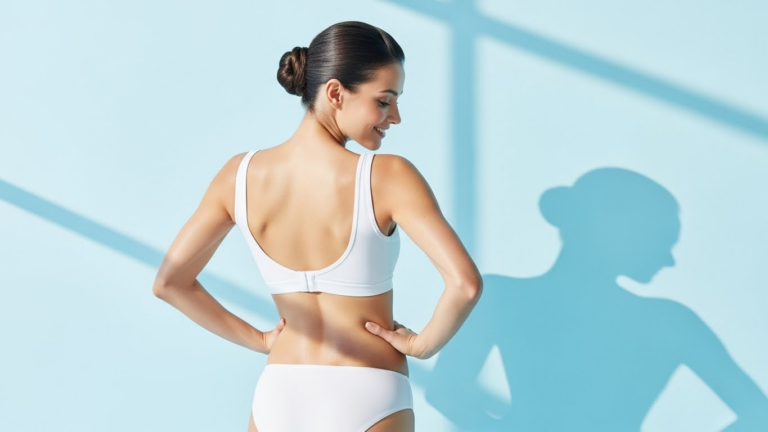 A woman in athletic wear experiencing back pain, with her shadow cast on the wall behind her.