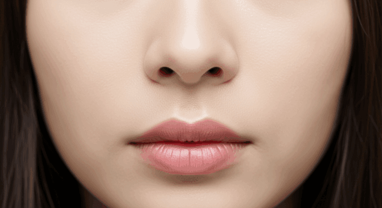 A close-up image of a person's face, focusing on their lips and nose.