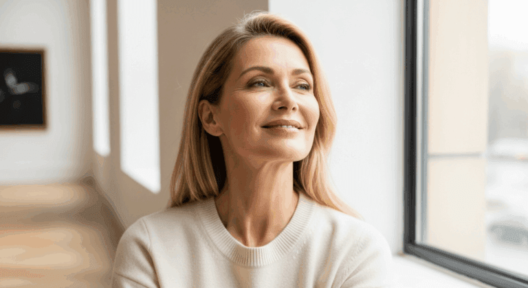 A middle-aged woman with blonde hair smiling while looking out of a window in a bright room.