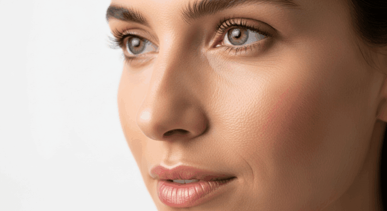 A close-up portrait of a woman with striking blue eyes and smooth, clear skin, looking to the side with a slight smile.