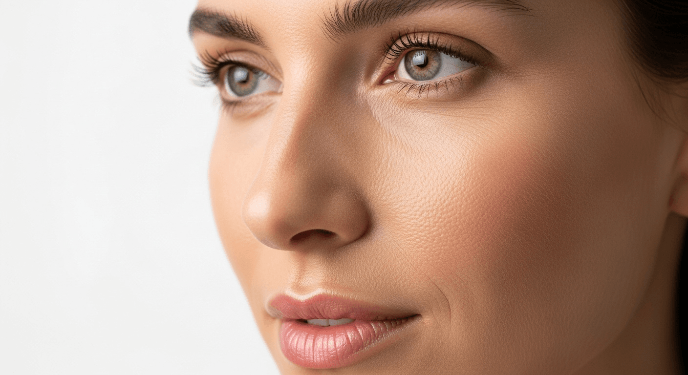 A close-up portrait of a woman with striking blue eyes and smooth, clear skin, looking to the side with a slight smile.