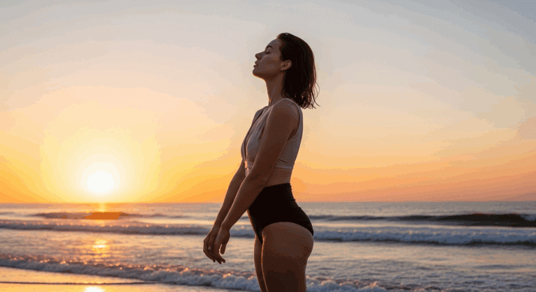 A woman stands on a beach at sunset with her eyes closed and arms outstretched, embodying a sense of peace and tranquility.