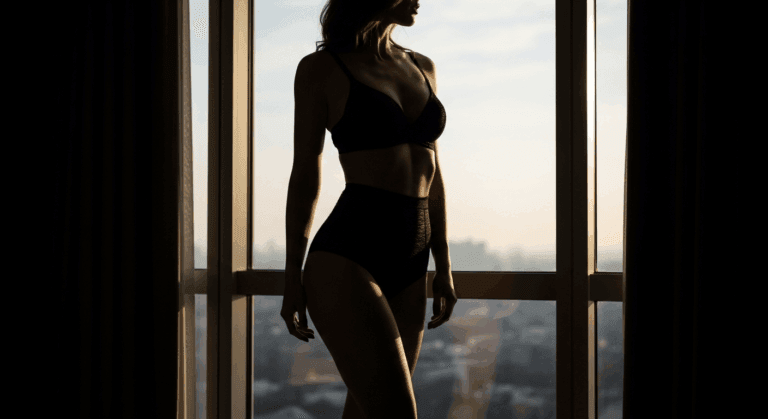 A silhouette of a woman in athletic wear looking out of a window with a cityscape in the background.